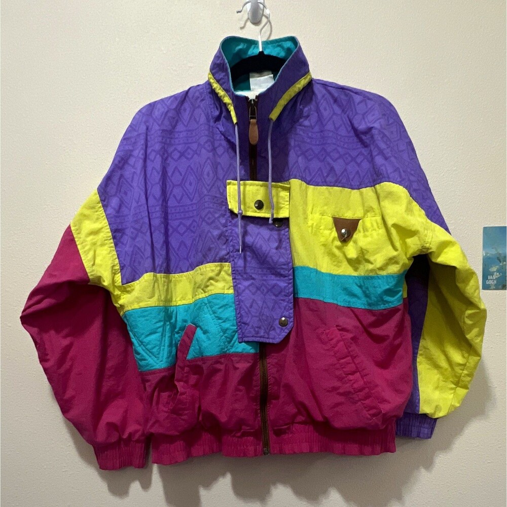 Prince Women's Vintage 90s Geometric Colorblock Windbreaker Full Zip Jacket S